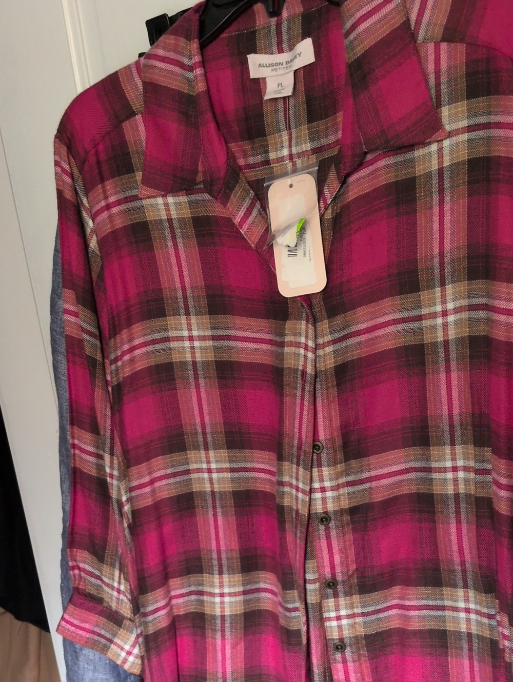 Allison Daley Fuchsia and Brown Plaid Button-Down Shirt Sz PL COZY Granola